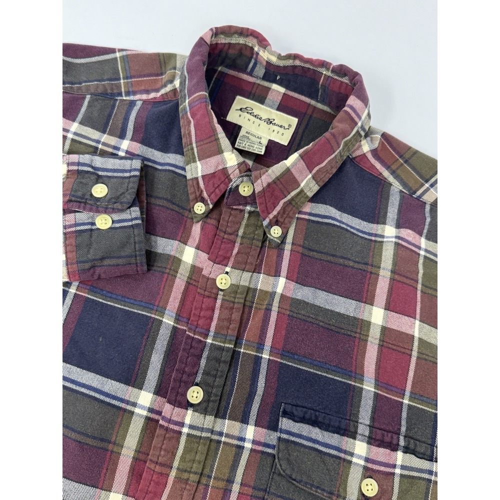 Eddie Bauer Men's Sz Large Gray Plaid Flannel Button Up Classic Fit Shirt B9